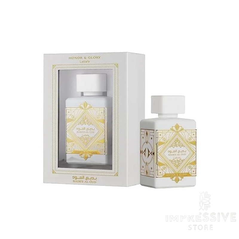 Lattafa Badee Al Oud Honor And Glory EDP 100ml white and gold luxury perfume bottle displayed alongside its original factory-sealed outer packaging box