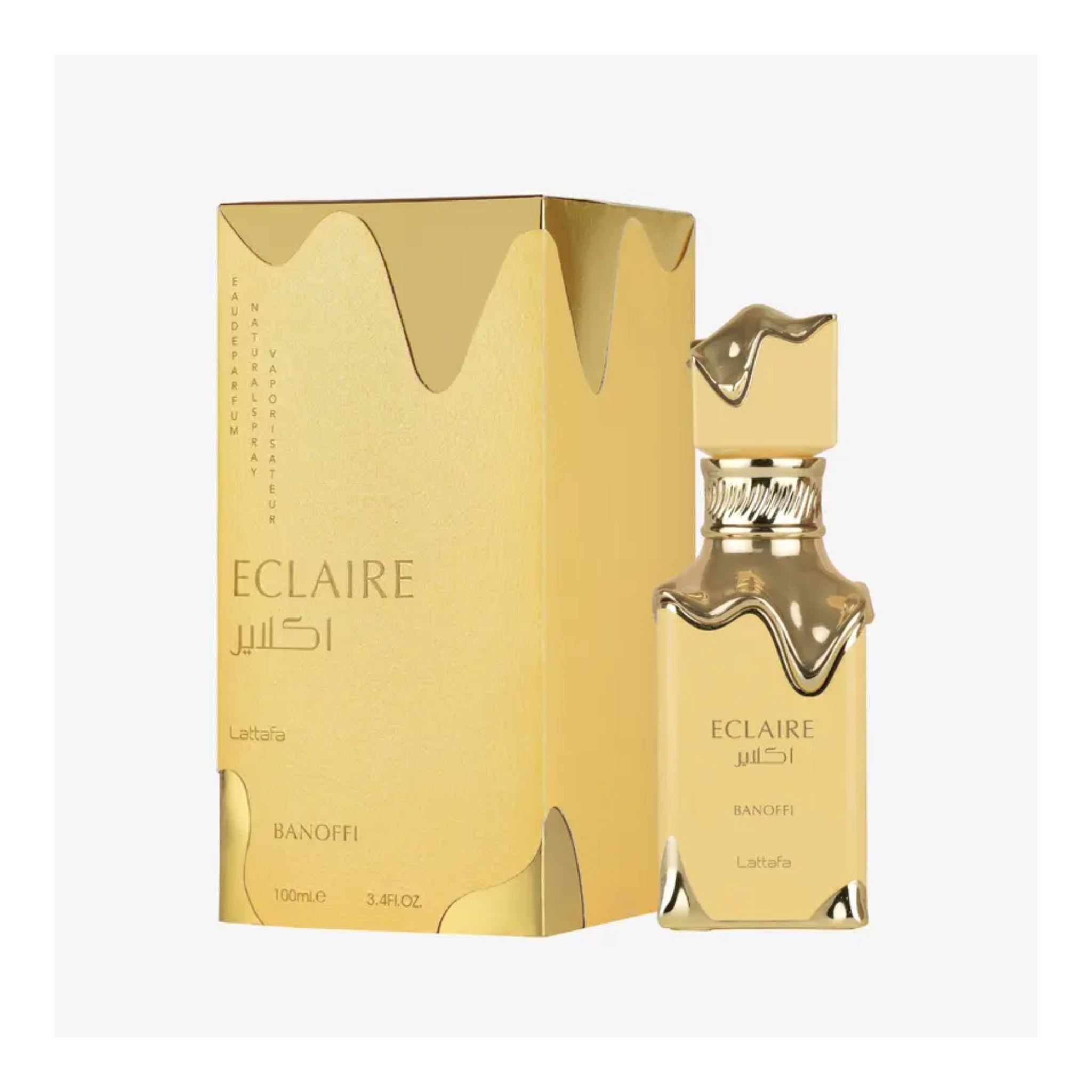 Lattafa Eclair Banoffi EDP 100ml perfume bottle displayed alongside its original luxury packaging box