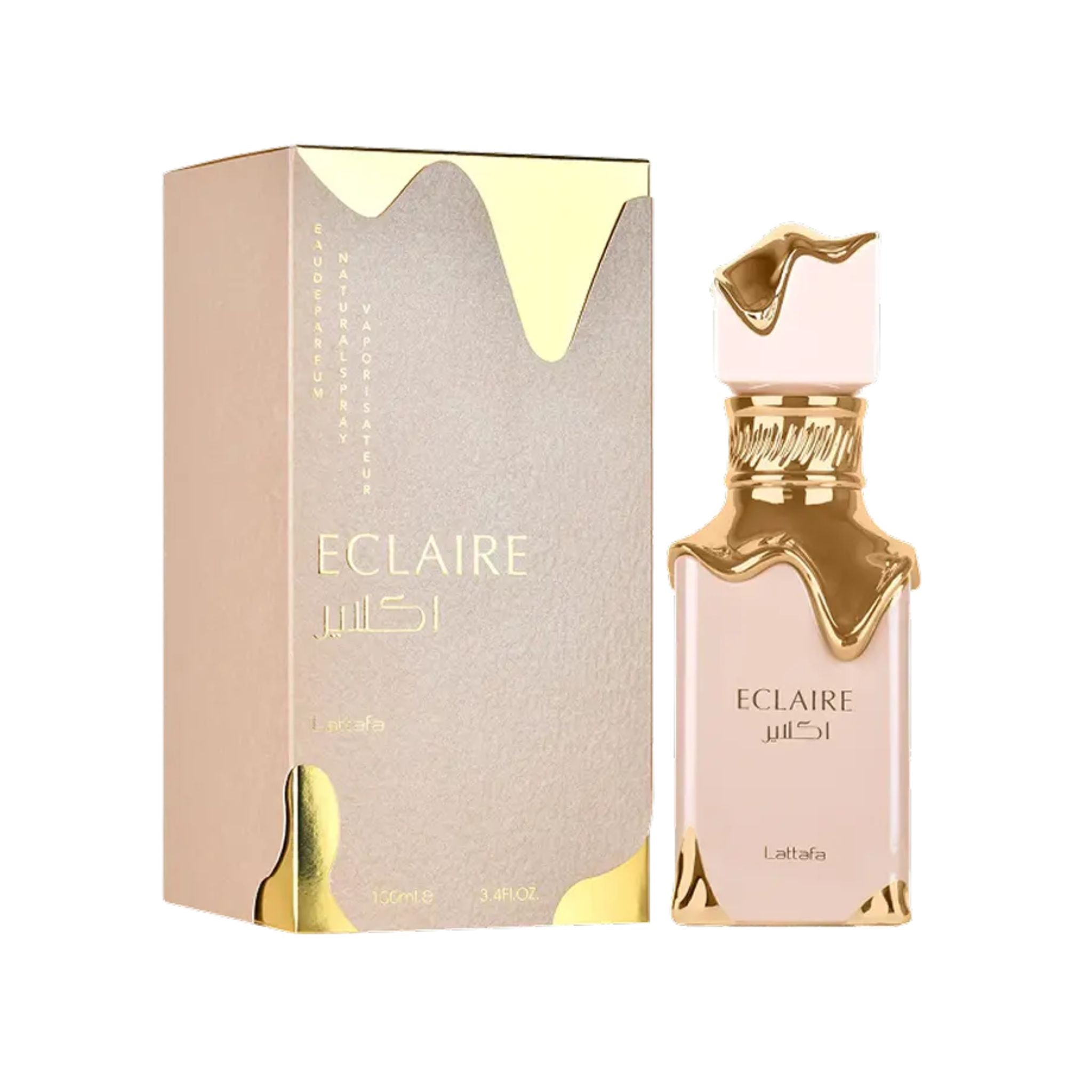 Lattafa Eclaire For Women Edp 100ml perfume bottle displayed next to its original designer box packaging.