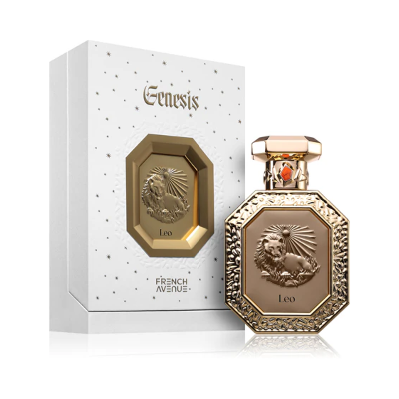 Leo French Avenue Unisex Eau De Parfum 90ml perfume bottle standing beside original presentation box