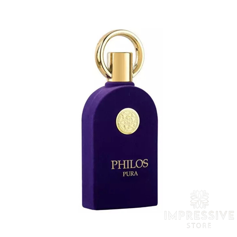 Maison Alhambra Philos Pura EDP 100ml bottle front view showcasing transparent glass design and gold label