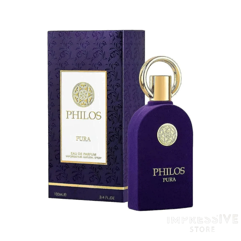 Maison Alhambra Philos Pura EDP 100ml luxury perfume bottle displayed alongside its original factory-sealed outer packaging box