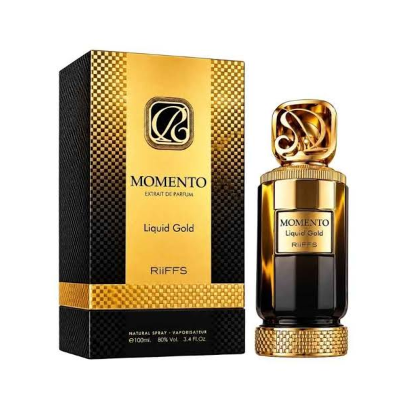 Momento Liquid Gold by Riiffs Perfumes EDP 100ml bottle displayed alongside its original factory-sealed outer packaging box