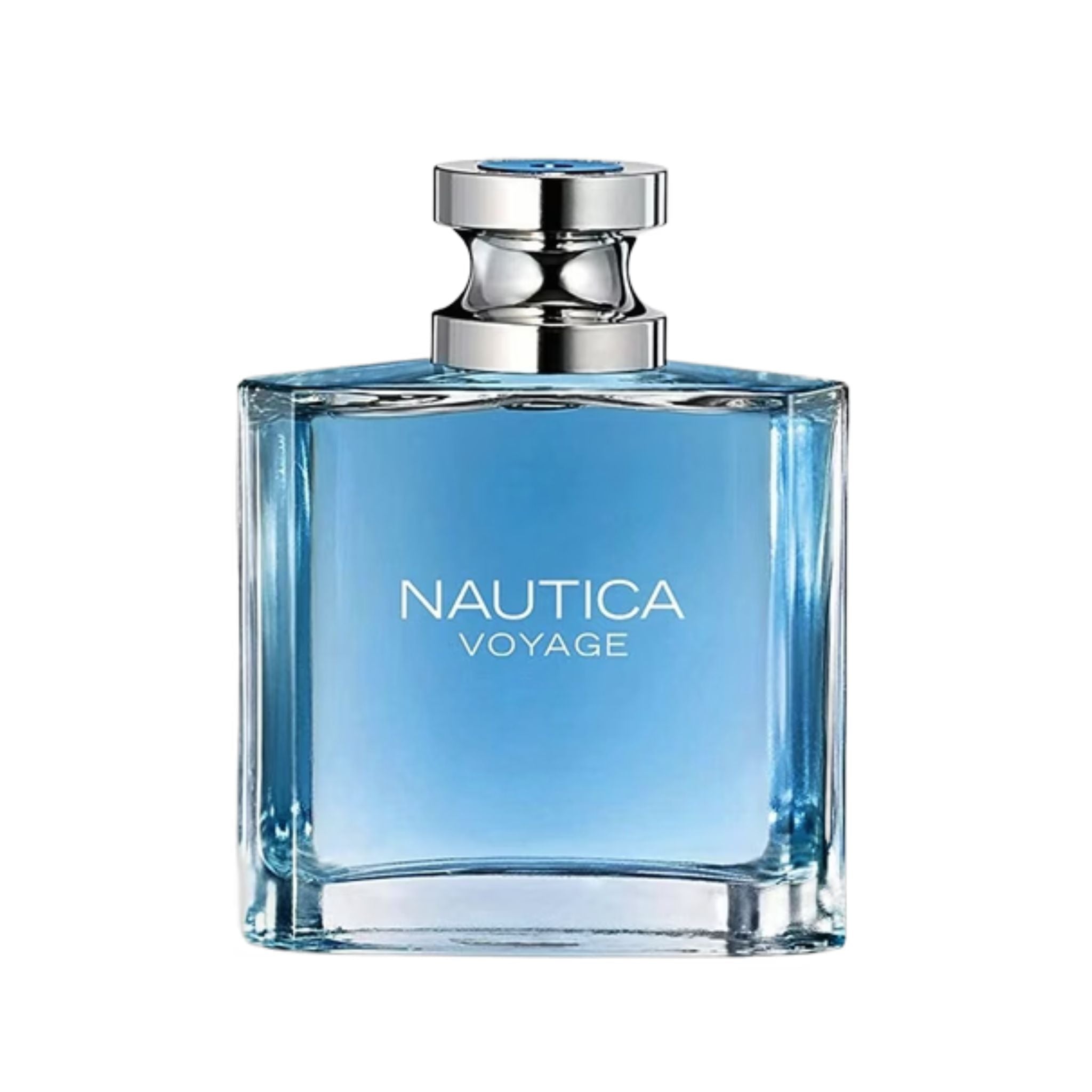 Nautica Voyage For Men Edt 100ml bottle showing the blue juice and silver cap, authentic Nautica perfume in Pakistan.
