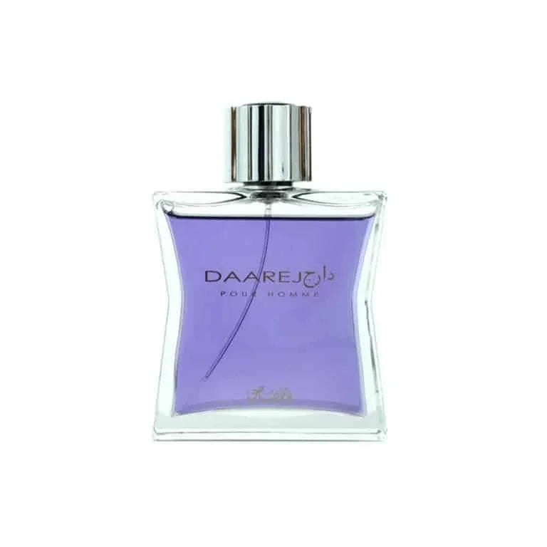 Rasasi Daarej Pour Homme Edp 100ml bottle with light purple juice, authentic Rasasi oriental spicy perfume for men in Pakistan.