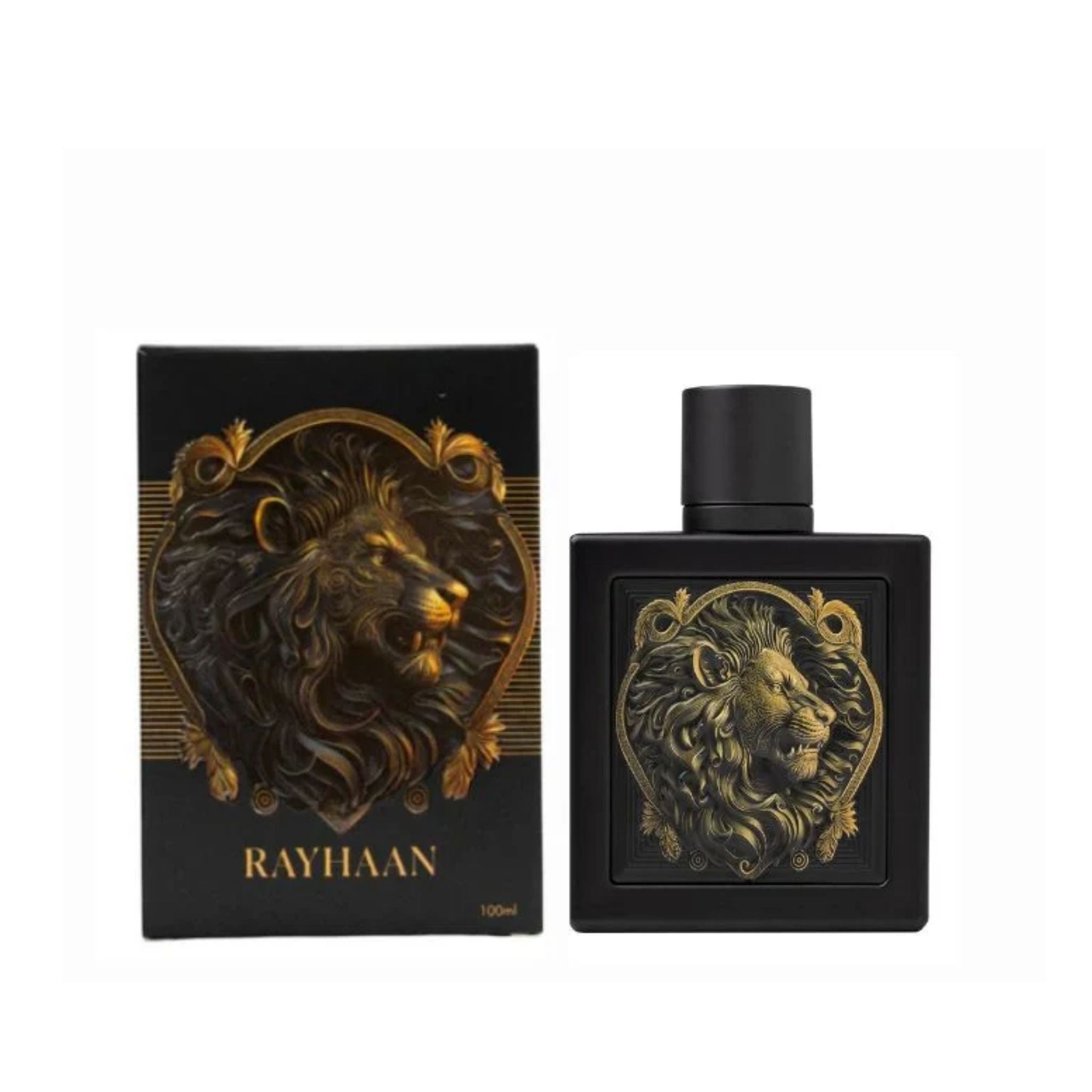 Rayhaan Lion For Men perfume bottle placed next to its official outer box packaging