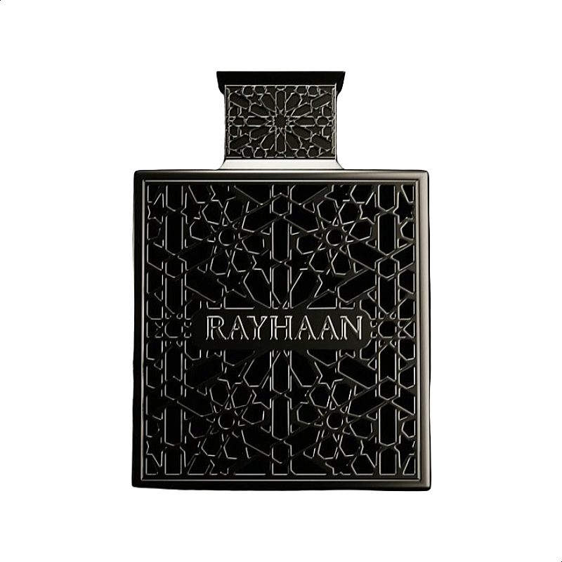 Rayhaan Obsidian For Men Edp 100ml sleek black bottle, authentic woody iris and leather perfume for men in Pakistan.