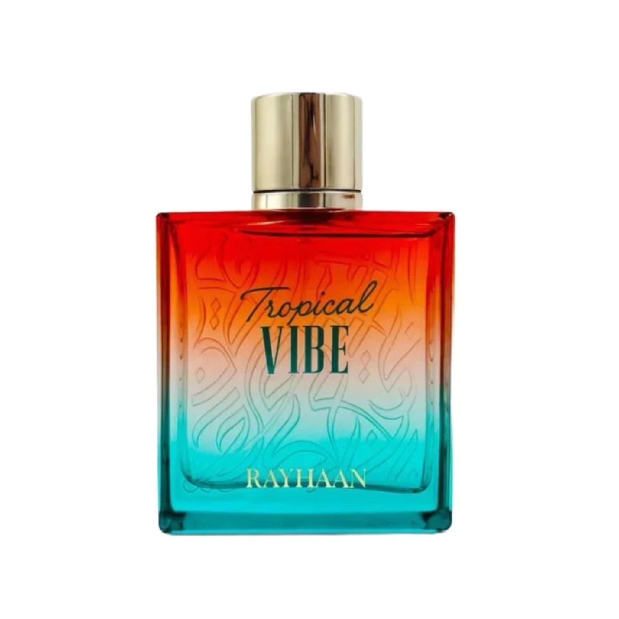 Rayhaan Tropical Vibe EDP 100ml perfume bottle front view showcasing the tropical design and clear glass details
