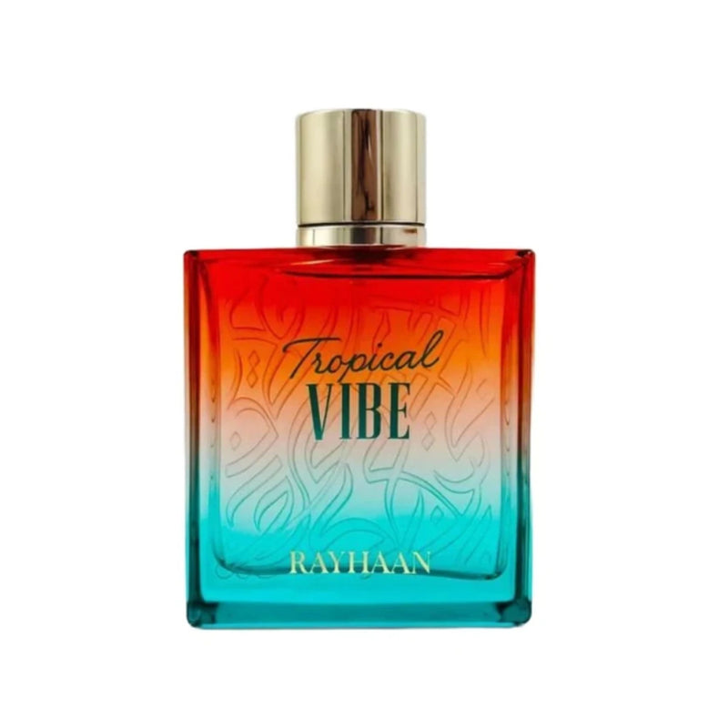 Rayhaan Tropical Vibe EDP 100ml perfume bottle front view showcasing the tropical design and clear glass details