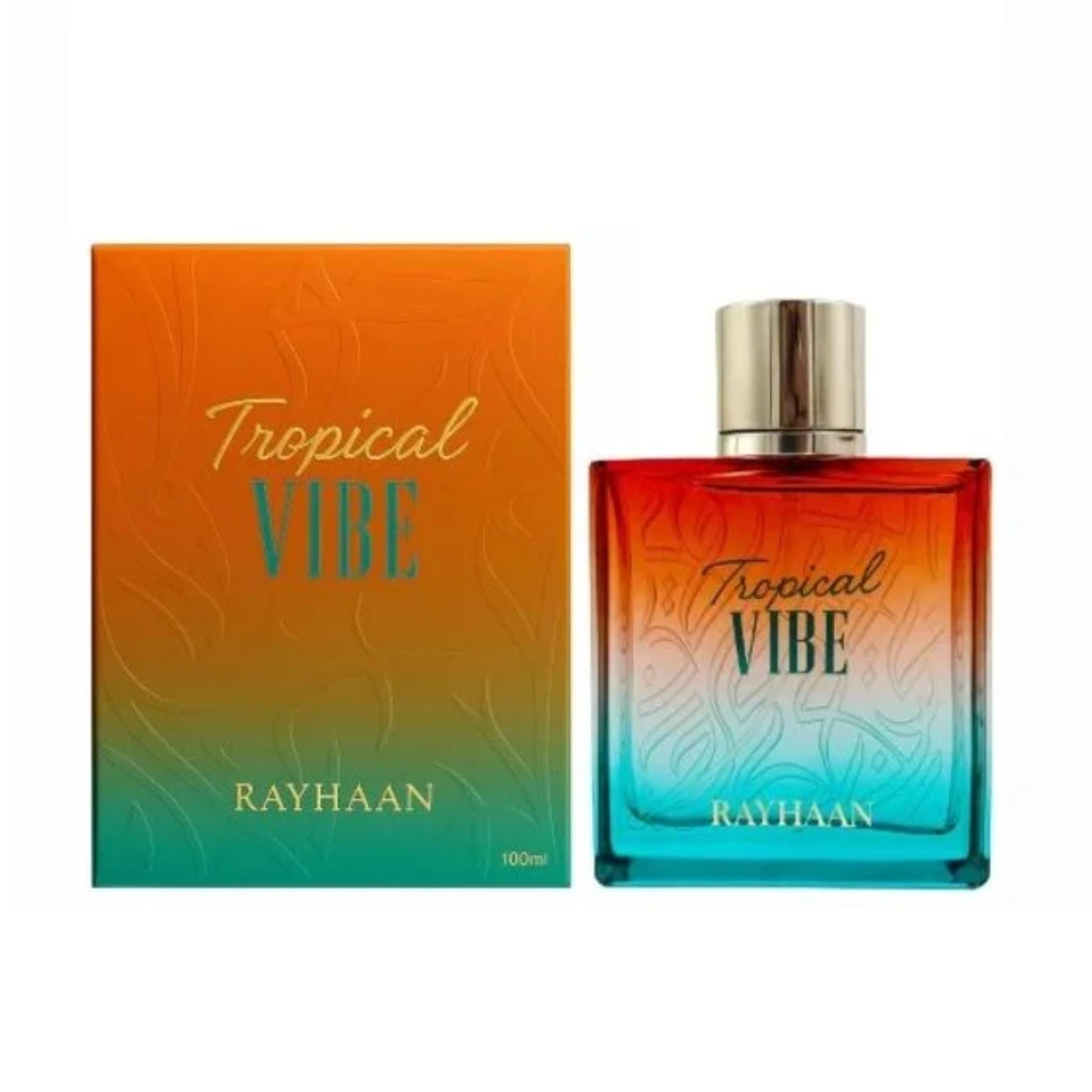 Rayhaan Tropical Vibe EDP 100ml perfume bottle placed next to its original luxury box packaging