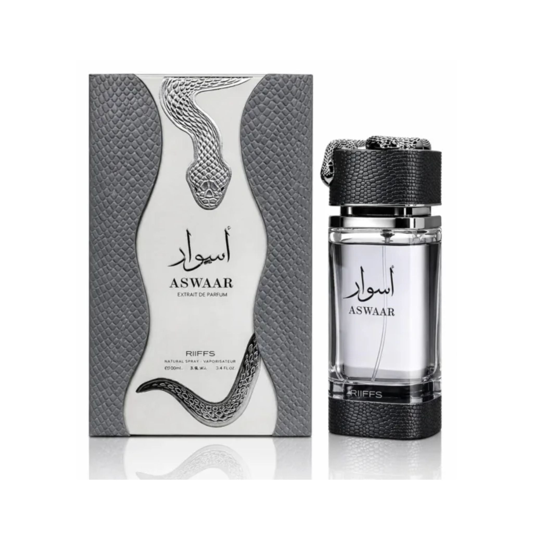 Riiffs Aswaar Eau de Parfum 100ml bottle standing next to its matching luxury outer box packaging