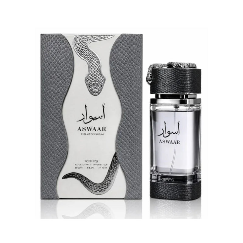 Riiffs Aswaar Eau de Parfum 100ml bottle standing next to its matching luxury outer box packaging