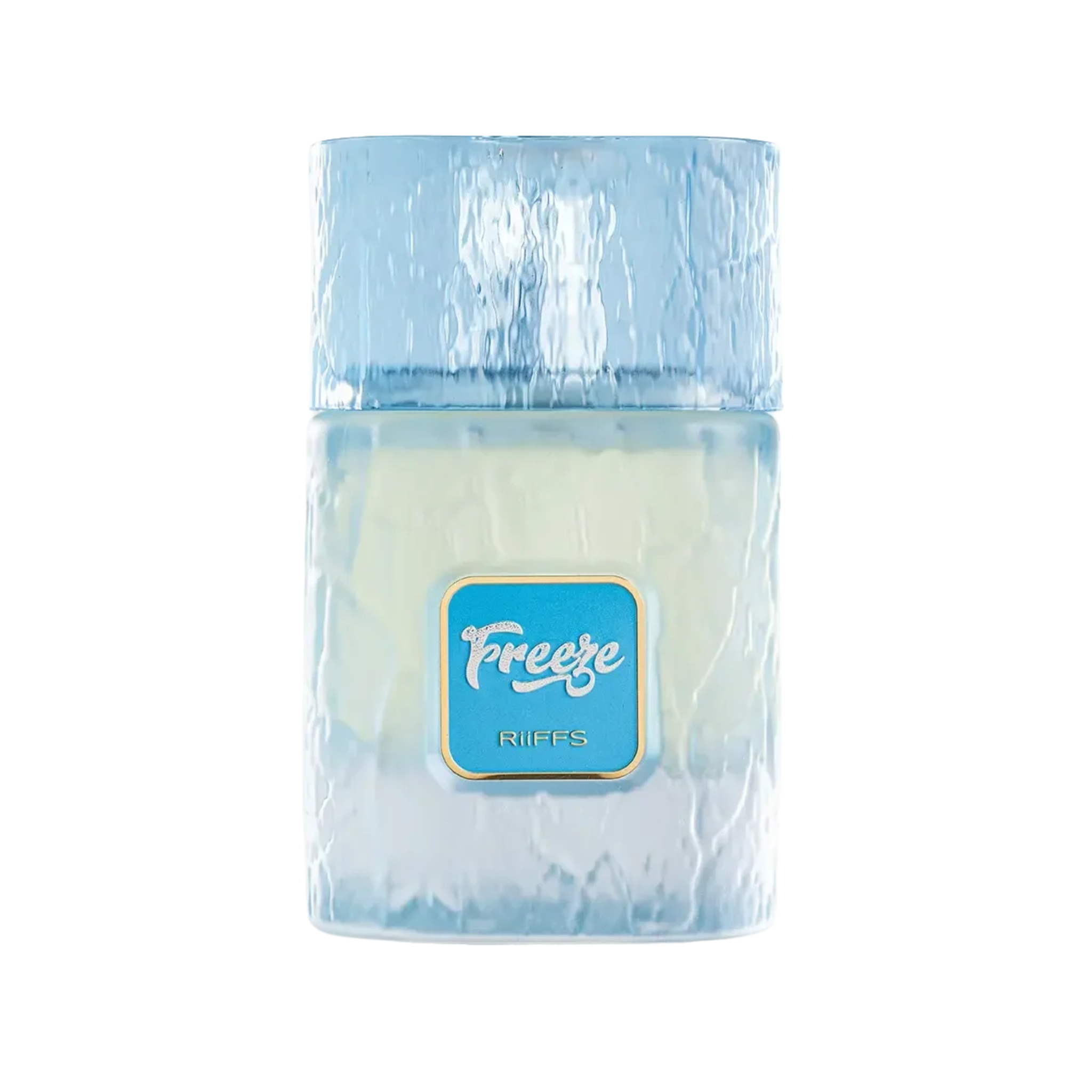 Riiffs Freeze EDP 100ml luxury transparent perfume bottle featuring an icy design aesthetic