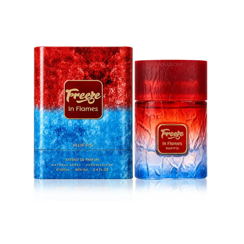 Riiffs Freeze In Flames Eau de Parfum 100ml bottle standing next to its matching luxury outer box packaging
