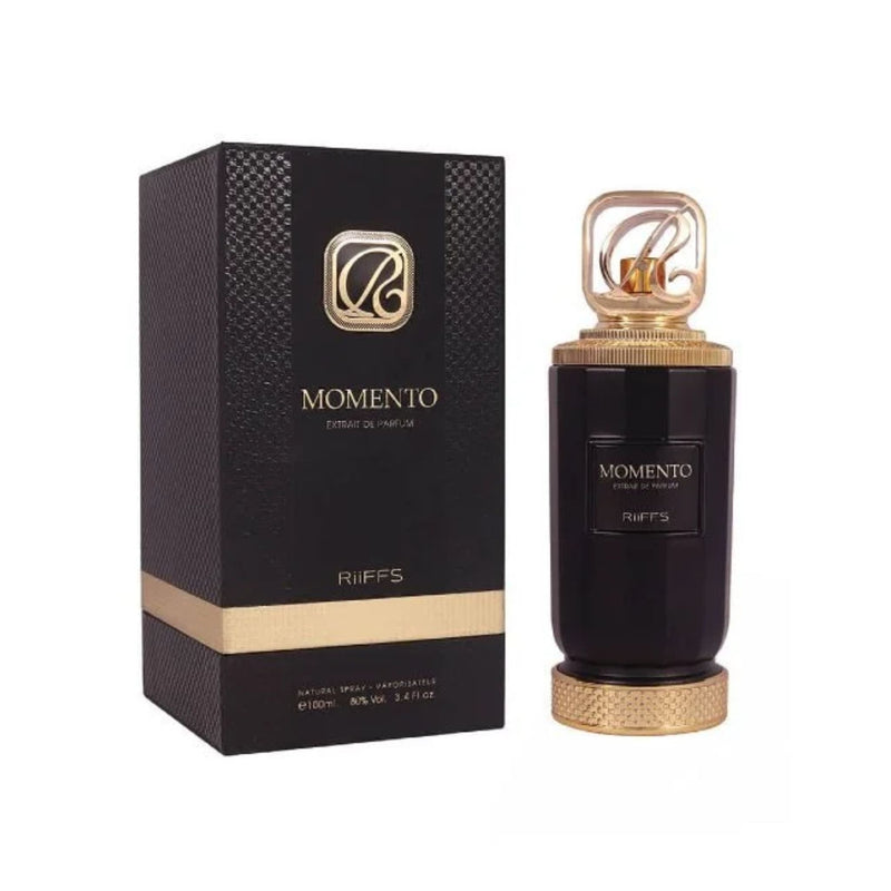 Riiffs Momento Eau de Parfum 100ml bottle standing next to its matching premium outer box packaging