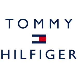 Tommy Hilfiger brand logo featuring blue text and a red, white, and blue flag icon.