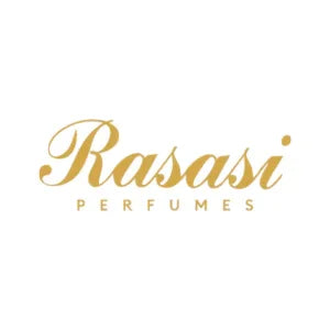 Rasasi Perfumes logo in gold cursive text on a white background