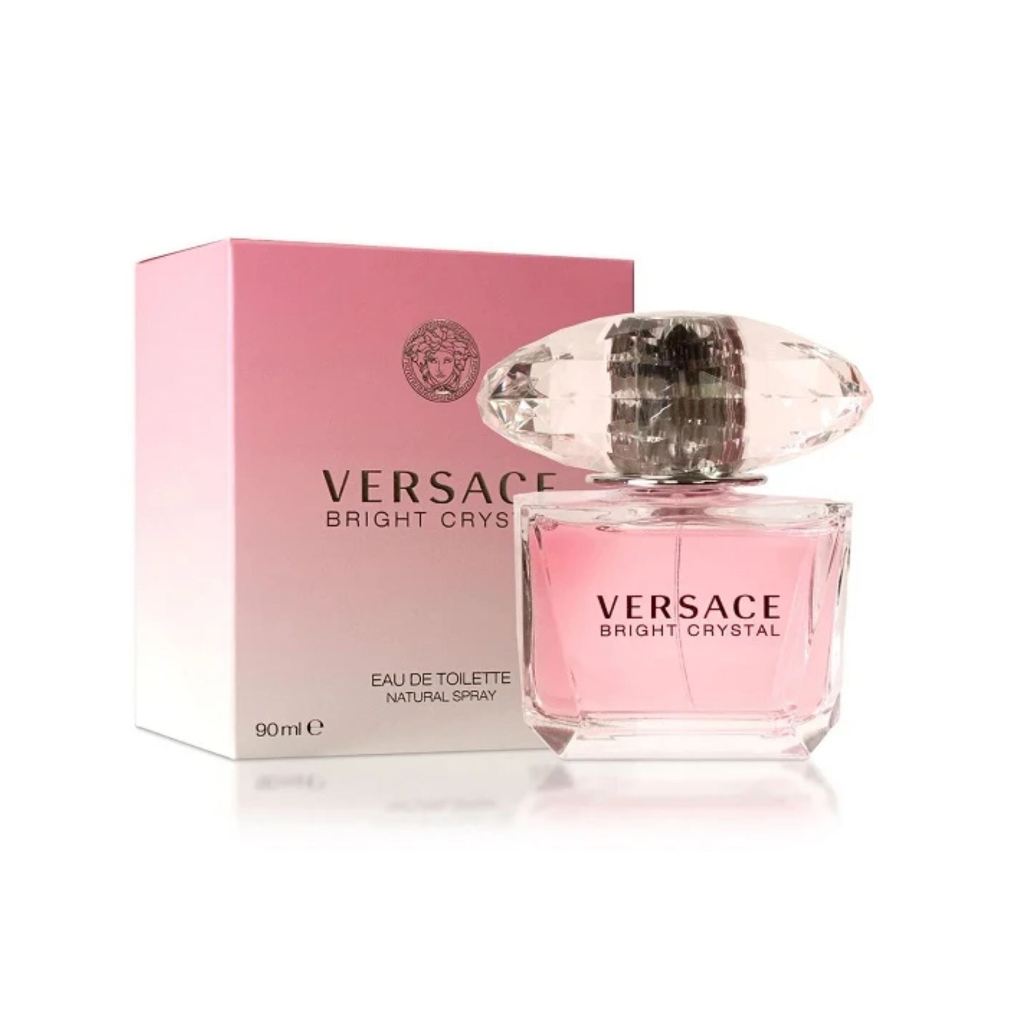 Versace Bright Crystal Women Edt 90ml perfume bottle displayed beside its original luxury pink box packaging.