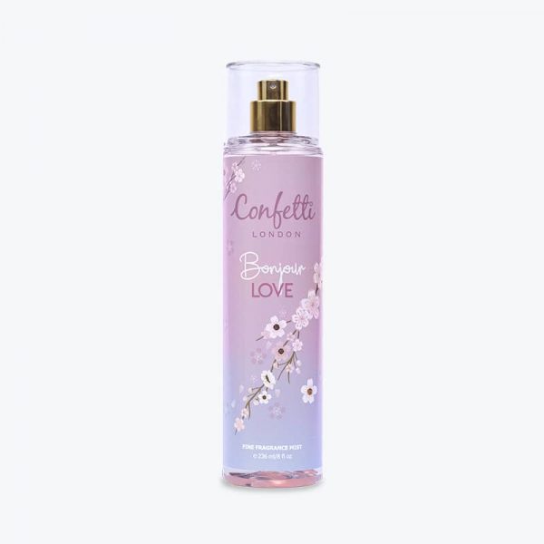 Top Notes: Jasmine, Neroli, Pear, Strawberry Heart Notes: Heliotropin, Rose, Peach, Sandalwood Base Notes: Vanilla, Patchouli, Cedawood, Carmel Ideal for daily wear, BONJOUR LOVE Body Mist is a wonderful choice for any woman looking to add a spark of joy and a sweet scent to her day.