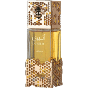 Pic of a Lattafa Atheeri Bottle, Glass bottle in Honey Yellow color