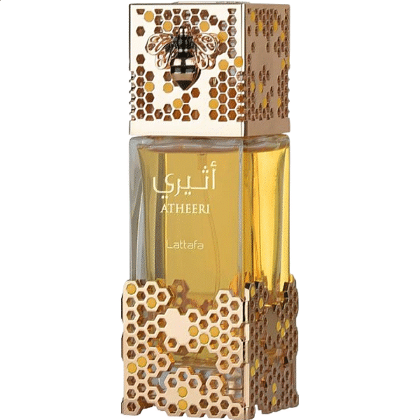 Pic of a Lattafa Atheeri Bottle, Glass bottle in Honey Yellow color