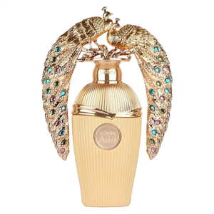 picture of a perfume bottle Elegant gold perfume bottle adorned with a detailed peacock-shaped stopper featuring colorful gems, displayed alongside its coordinating luxury packaging with an iridescent peacock feather motif