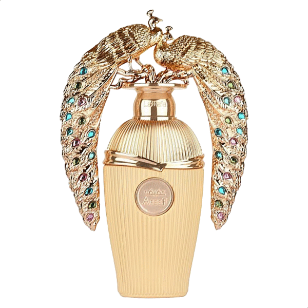 picture of a perfume bottle Elegant gold perfume bottle adorned with a detailed peacock-shaped stopper featuring colorful gems, displayed alongside its coordinating luxury packaging with an iridescent peacock feather motif